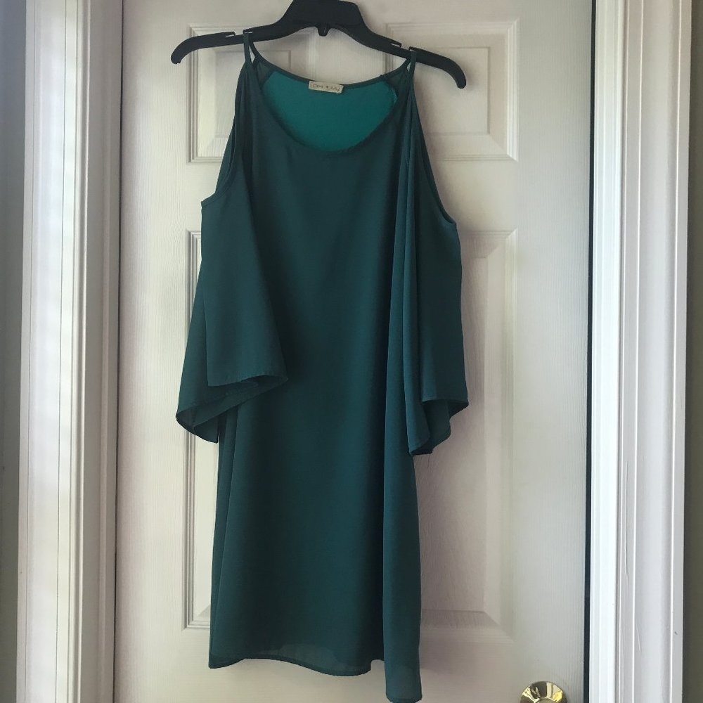 Turquoise Dress with Cold Shoulder Flutter Sleeve